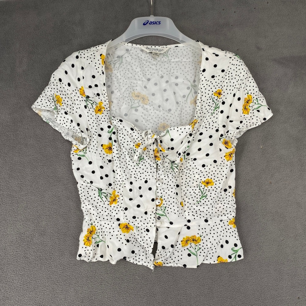 Miss Selfridge Polka‎ Dot Floral Tie Front Peplum Blouse White Yellow US 2